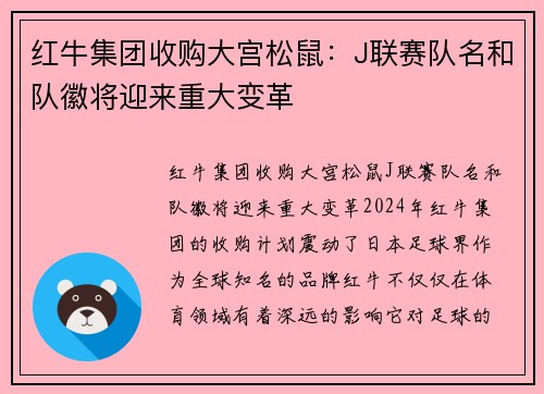 红牛集团收购大宫松鼠：J联赛队名和队徽将迎来重大变革