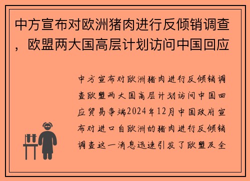 中方宣布对欧洲猪肉进行反倾销调查，欧盟两大国高层计划访问中国回应贸易争端