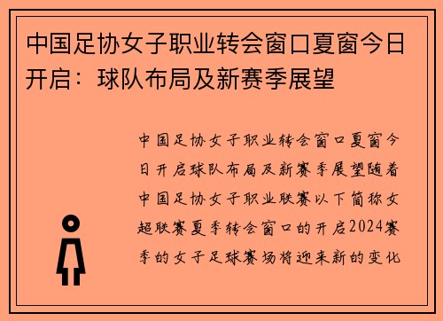 中国足协女子职业转会窗口夏窗今日开启：球队布局及新赛季展望