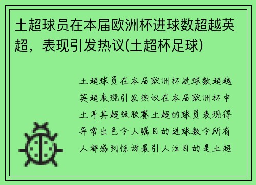 土超球员在本届欧洲杯进球数超越英超，表现引发热议(土超杯足球)