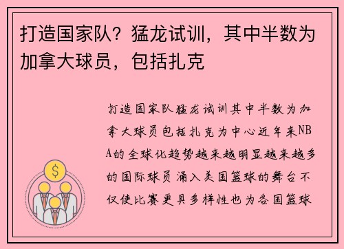 打造国家队？猛龙试训，其中半数为加拿大球员，包括扎克