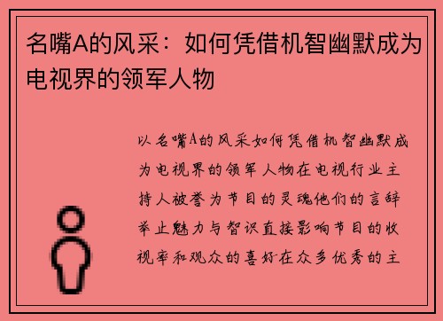 名嘴A的风采：如何凭借机智幽默成为电视界的领军人物
