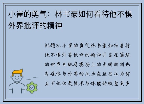 小崔的勇气:林书豪如何看待他不惧外界批评的精神 小崔的勇气:林书豪如何看待他不惧外界批评的精神