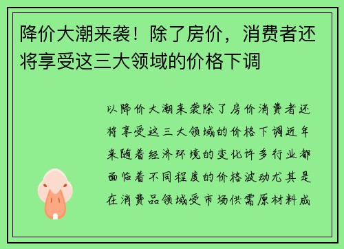降价大潮来袭！除了房价，消费者还将享受这三大领域的价格下调