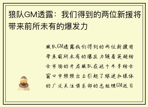 狼队GM透露：我们得到的两位新援将带来前所未有的爆发力